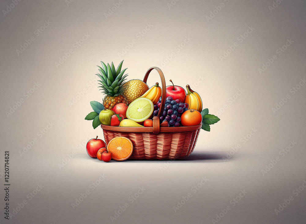 Poster a brimming wicker basket overflowing with a variety of colorful fruits. the grainy texture of the im