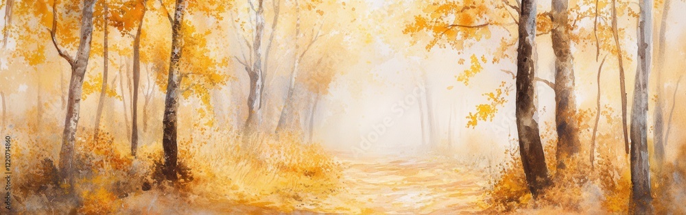 Poster autumn forest path with watercolor background highlighting golden leaves and soft mist at dawn