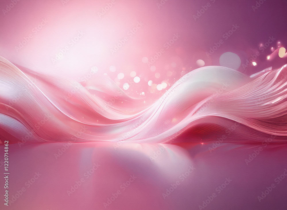 Poster abstract image with grainy texture. soft pink and white waves flow across a reflective surface, illu