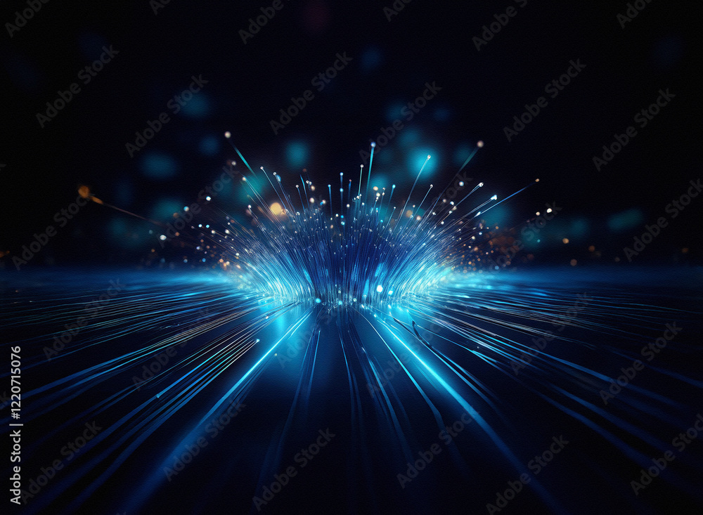 Poster grainy texture, vibrant blue light bursts from a central point, radiating outwards in a starburst pa