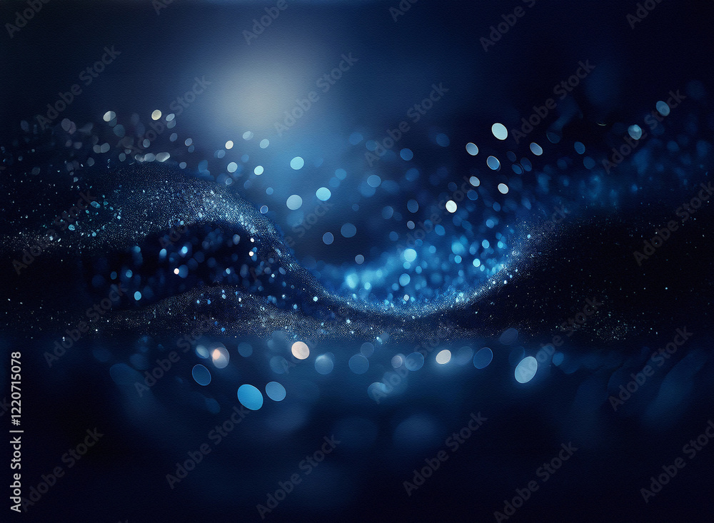 Poster Dark blue, grainy texture.  Glowing particles form undulating waves, creating a deep, cosmic feel.  The image has a dreamy, ethereal quality.