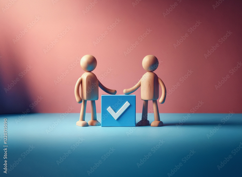 Poster two wooden figurines shake hands beside a grainy textured blue square with a checkmark. a symbolic r