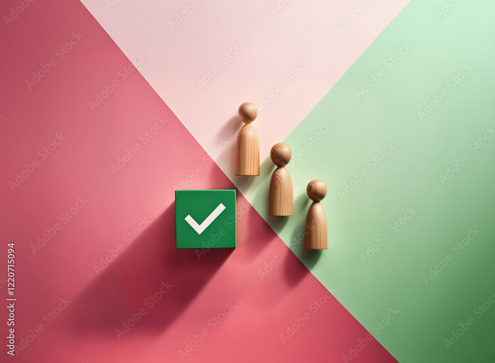 Aufkleber grainy texture image of wooden figures ascending a staircase towards a green checkmark cube on a pas
