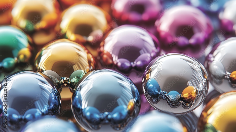 Poster metallic solid particles clustered together, reflecting a range of hues in their shiny surfaces