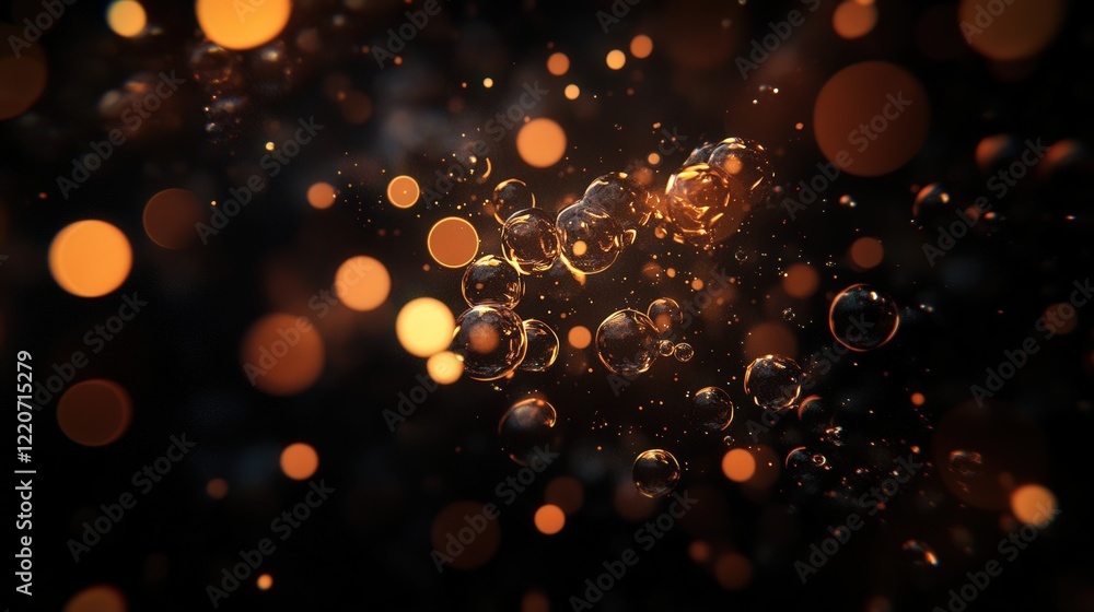 Poster microscopic liquid particles clustering into spherical shapes, glowing softly in a dark background