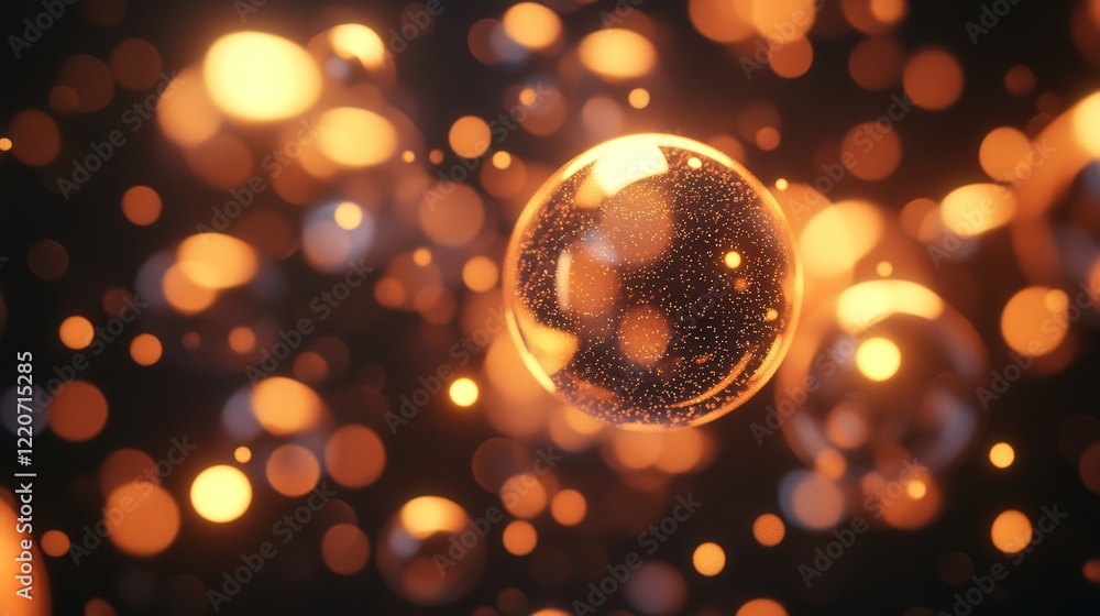 Poster microscopic liquid particles clustering into spherical shapes, glowing softly in a dark background