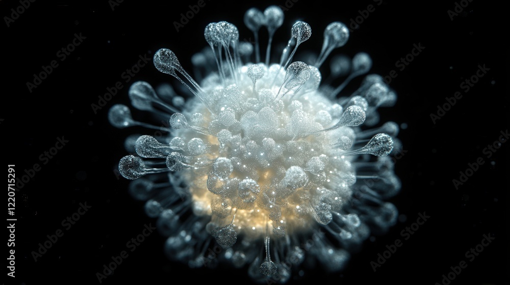 Aufkleber microscopic liquid particles clustering into spherical shapes, glowing softly in a dark background