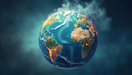 Illustration of Global Climate Change Impact on Earth with Visible Heat and Smoke Emissions