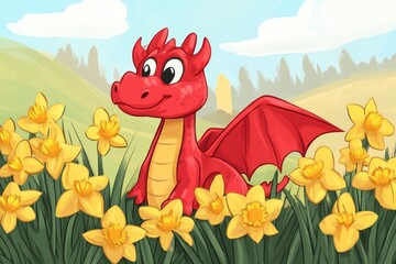 Fototapeta premium playful cute red dragon stands among bright daffodils under clear blue sky. fantasy creature in spring landscape. children's book illustration. design for greeting card on st. david's day.