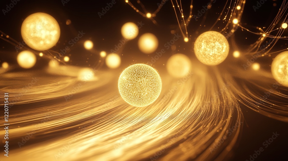 Poster microscopic particles resembling glowing spheres, dynamically interacting with trails of light behin