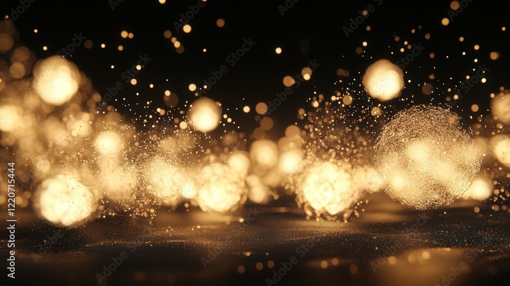 Poster microscopic particles resembling glowing spheres, dynamically interacting with trails of light behin