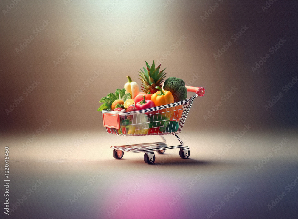 Poster a miniature shopping cart overflowing with vibrant fruits and vegetables. the grainy texture of the 