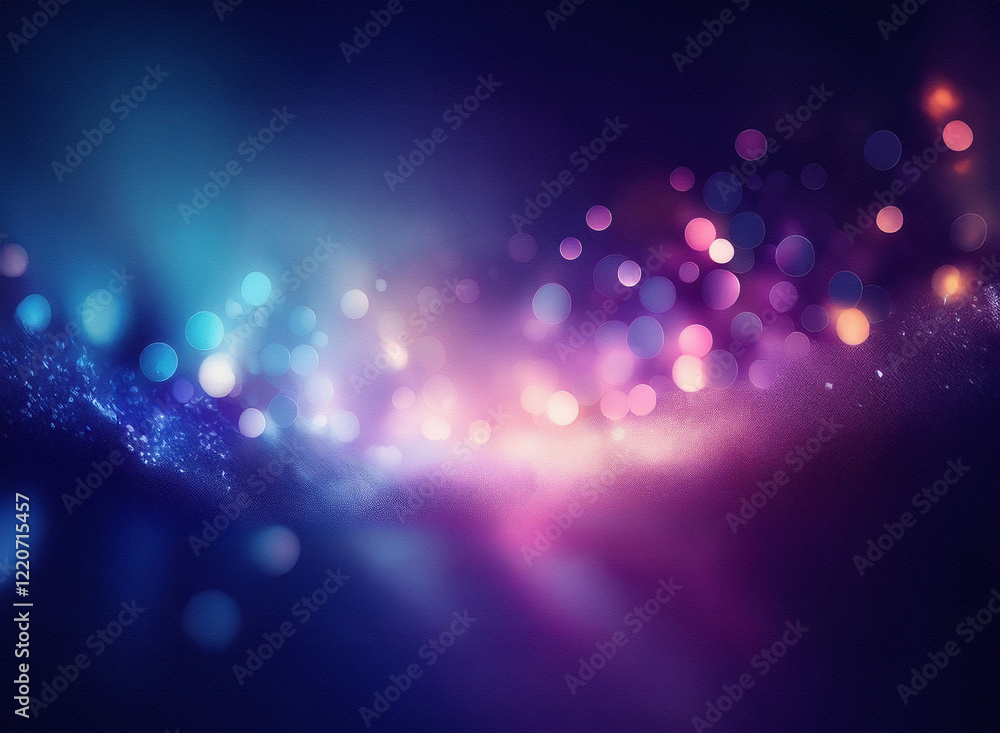 Poster A grainy, textured abstract image with a wave of colorful bokeh lights.  The colors shift from cool blues to warm purples, creating a dreamy, atmospheric effect.