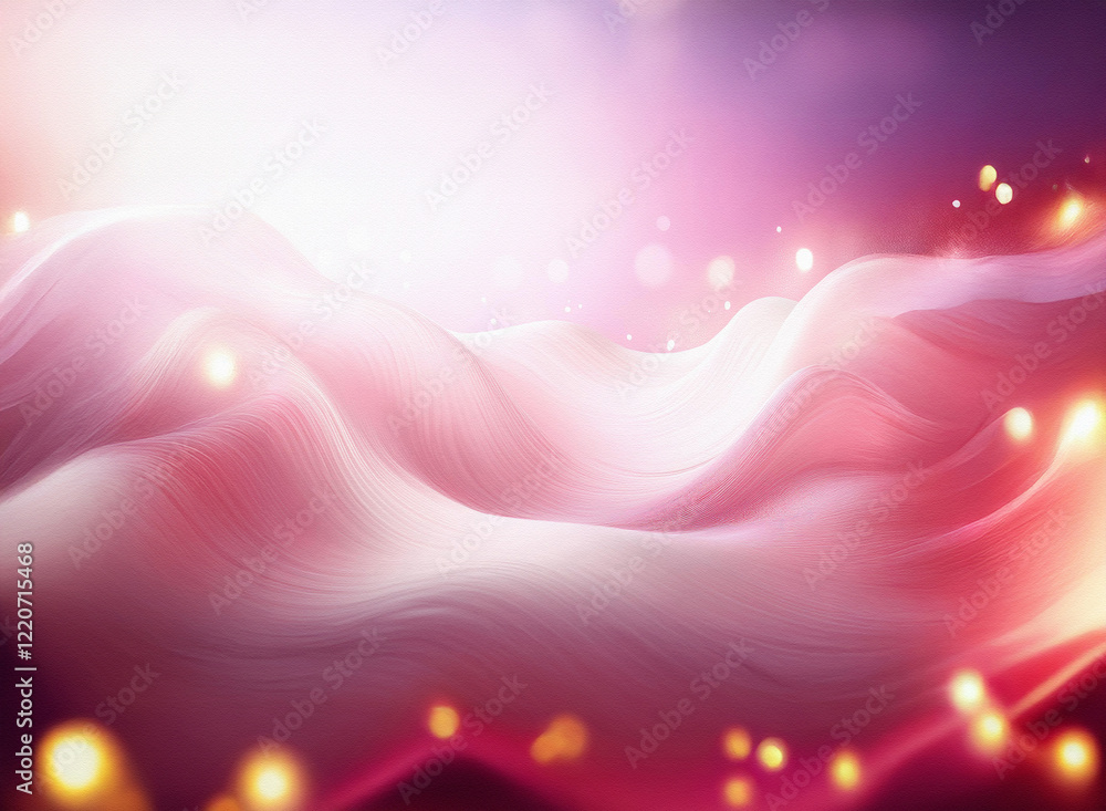 Poster abstract image of flowing, grainy pink and white waves. glowing particles illuminate the textured su