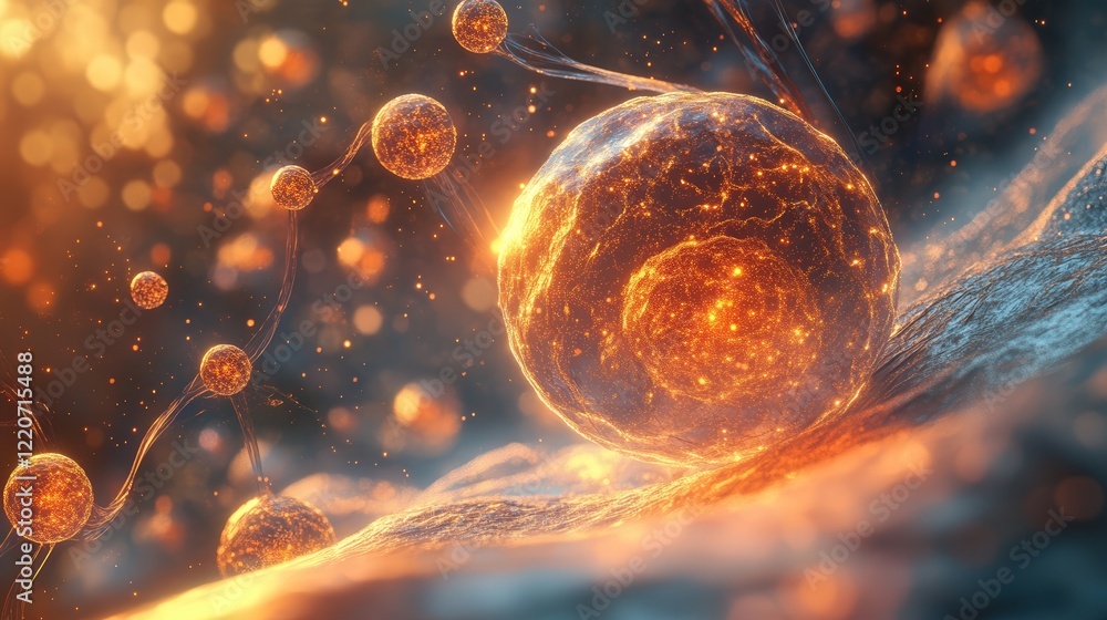Poster microscopic particles resembling glowing spheres, dynamically interacting with trails of light behin