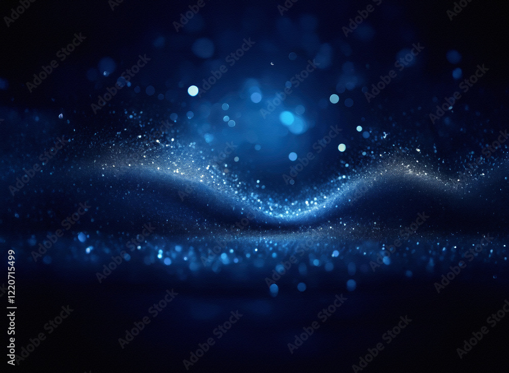 Poster deep blue, grainy texture, shimmering particles form undulating waves across a dark background. the 