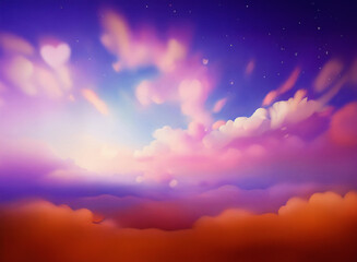 Naklejka premium A grainy textured sunset sky, painted in vibrant pinks, purples, and oranges. Soft clouds drift across a dreamy, starlit expanse.