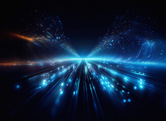 Obraz premium Abstract digital art depicting a grainy, textured highway of light streaking towards a bright horizon in a dark, deep space. The texture is prominent, creating a sense of speed and movement.