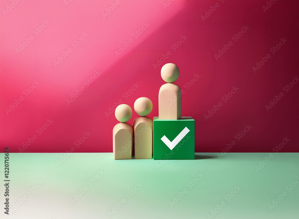 Poster grainy texture image of three wooden figurines of varying heights, the tallest standing on a green c