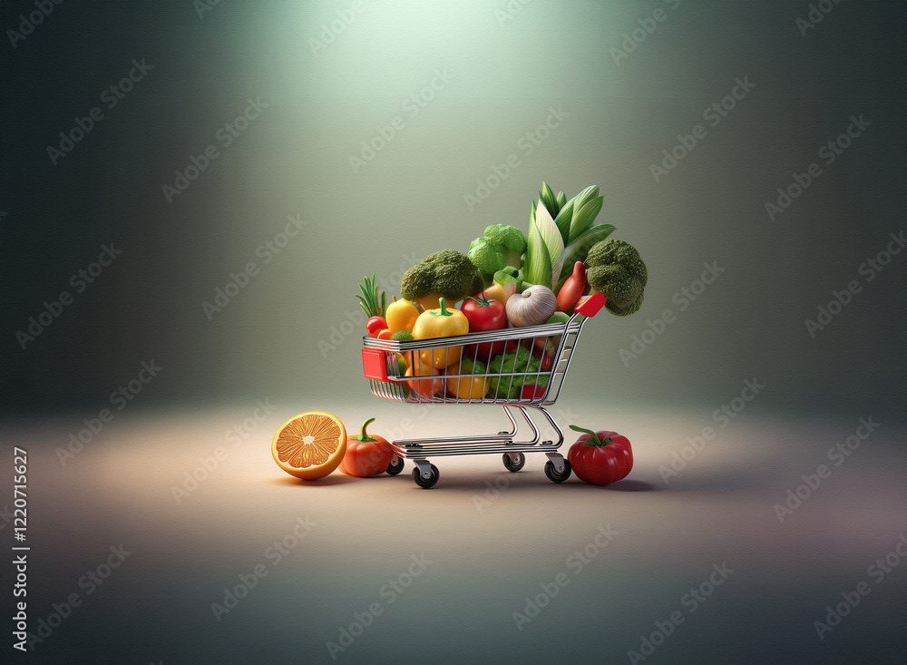 Poster a miniature shopping cart overflowing with fresh, vibrant vegetables and a few oranges. the grainy t