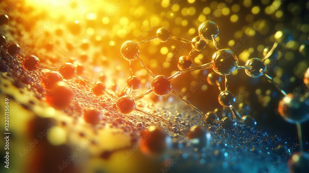 Poster molecular structures breaking and reforming, surrounded by a glowing haze of subatomic particles