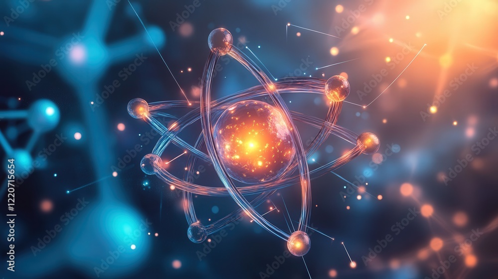 Poster molecular structures breaking and reforming, surrounded by a glowing haze of subatomic particles