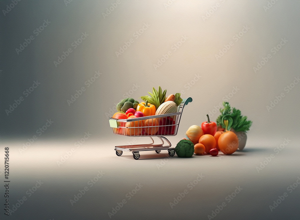 Poster A miniature shopping cart overflowing with fresh produce sits on a subtly textured, grainy background.  Brightly colored fruits and vegetables spill out beside it.