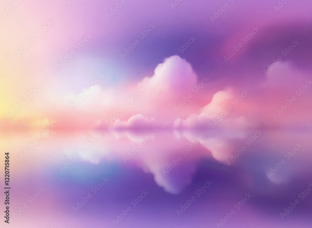 Poster a grainy, textured image depicts a serene landscape where pastel clouds are reflected in a calm body