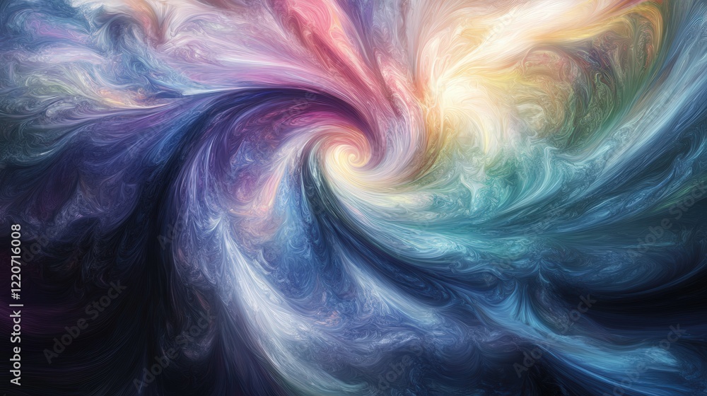 Poster particles of different sizes swirling in a chaotic dance, glowing softly in a gradient of colors.