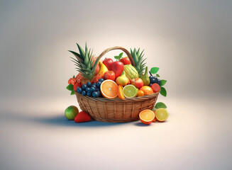 A wicker basket overflows with a vibrant assortment of fresh fruit.  The grainy texture of the basket contrasts beautifully with the glossy sheen of the fruit.  Sunlight illuminates the scene, enhanci