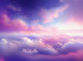 Obraz premium A grainy, textured image depicts a dreamy, colorful sky above a sea of clouds. Soft pinks, purples, and blues blend seamlessly, creating a serene and ethereal atmosphere.