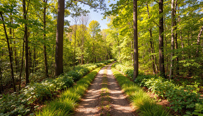Naklejka premium Serene hiking trail through lush rural woods, nature's beauty