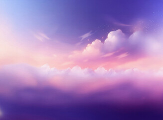 Naklejka premium Dreamy, grainy textured sky at sunset. Soft pastel pinks, purples, and blues blend in a hazy, ethereal atmosphere. Fluffy clouds drift across the horizon.