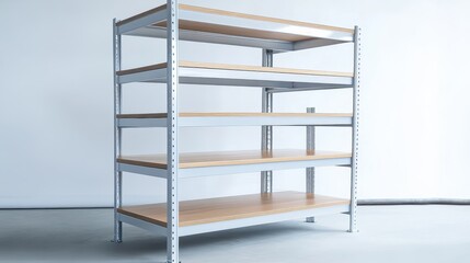 Fototapeta premium Modern Metal Storage Rack with Wooden Shelves