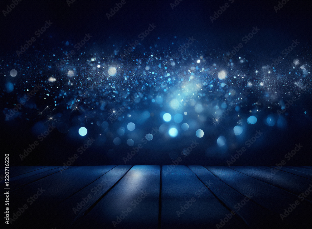 Poster dark blue, grainy background with bokeh lights and a textured wooden surface. a mysterious, atmosphe