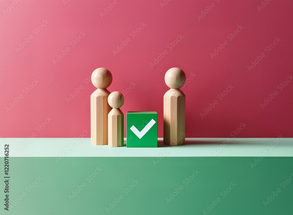 Poster grainy texture image of three wooden figures, representing a family, stand before a green cube with 
