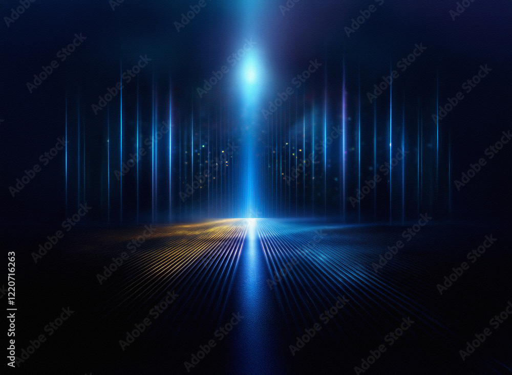 Poster grainy texture, dark background, illuminated by vertical blue and white light beams converging at a 