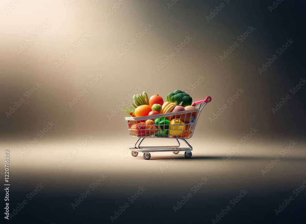 Poster a small shopping cart overflowing with a variety of colorful fruits and vegetables sits on a grainy,