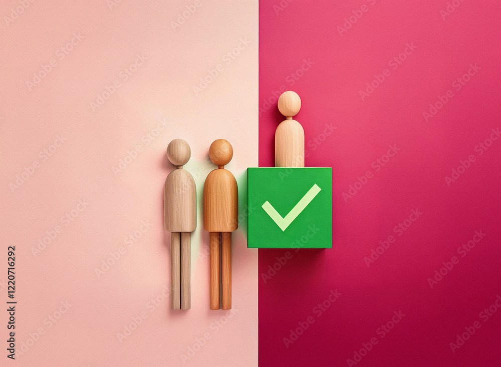 Aufkleber grainy texture image of three wooden figures standing before a green cube with a checkmark, against 