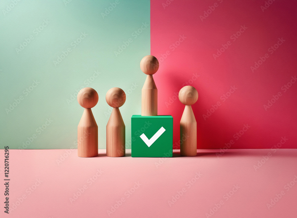 Poster grainy image of wooden peg dolls, one taller than the others, standing before a green square with a 