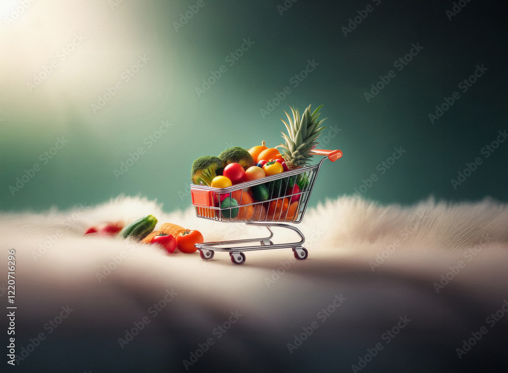 Poster a miniature shopping cart overflowing with vibrant fruits and vegetables sits on a grainy, textured 