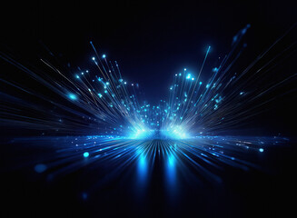 Fototapeta premium Grainy texture, blue light streaks radiate from a central point, creating a dynamic, explosive effect against a dark background. The light appears to reflect on a glossy surface.