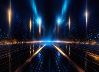 Grainy texture, dark, neon-lit, futuristic corridor.  Blue and gold light streaks reflect on a glossy, textured surface.  A sense of depth and mystery emanates from this digital illustration.