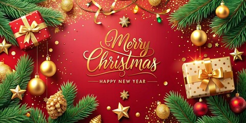 Festive Christmas Vertical Banner: Gold & Green Symbols on Red Background