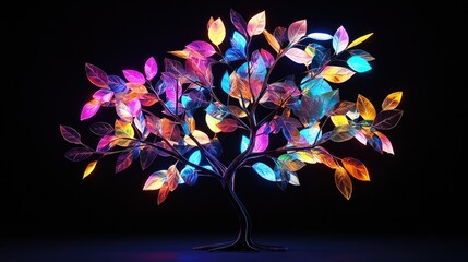 Illuminated Artistic Tree with Colorful Leaves Rendering Vibrant Light in a Dark Background Showcasing Nature's Beauty and Creativity in Contemporary Art Form