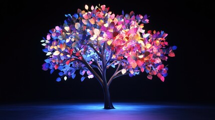 Vibrant Tree with Colorful Leaves and Illuminated Background Showcasing Artistic Light Display and Nature's Beauty in a Dark Environment