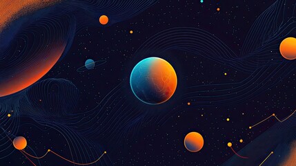 Cosmic Journey Through Space with Planets, Colorful Orbs, and Stellar Background Illustrating Universe Exploration and Celestial Wonders