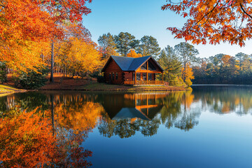 Fototapeta premium Lakeside cabin surrounded by colorful autumn trees reflecting in a calm lake under a clear sky
