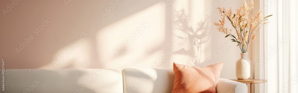 Aufkleber soft amber and coral hues merge in a serene living space adorned with a cozy sofa and a vase of soft