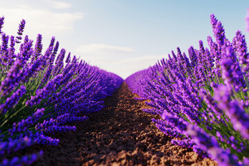Obraz premium Vibrant lavender grove in full bloom under a clear summer sky with gentle breezes